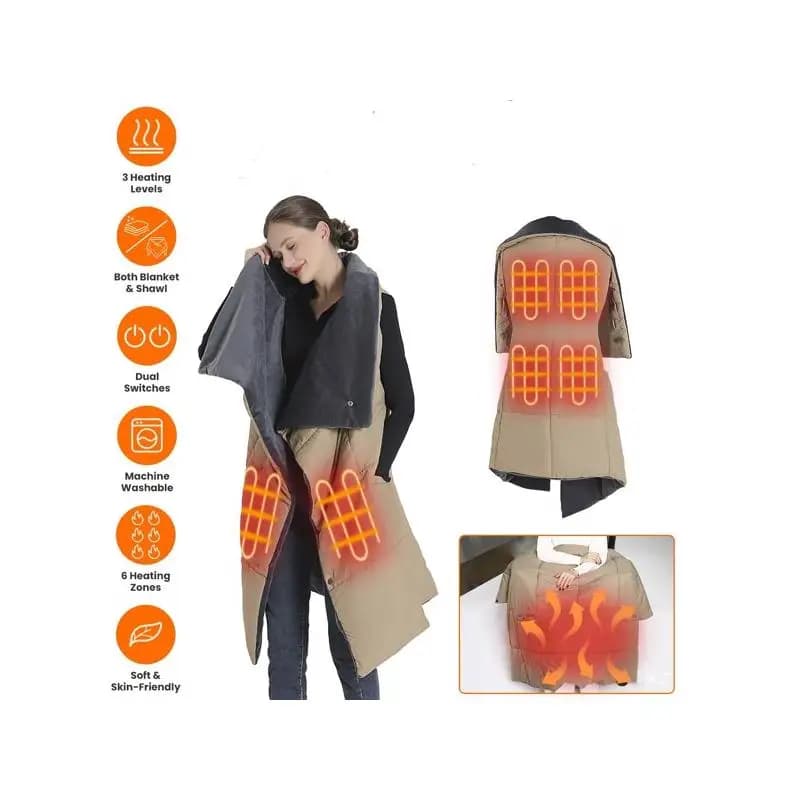 Coperta poncho riscaldata tramite USB con fori e tasca sul braccio con cerniera, 3 livelli di riscaldamento, 6 zone di riscaldamento, doppio interruttore, 5 V/2 A, macchina