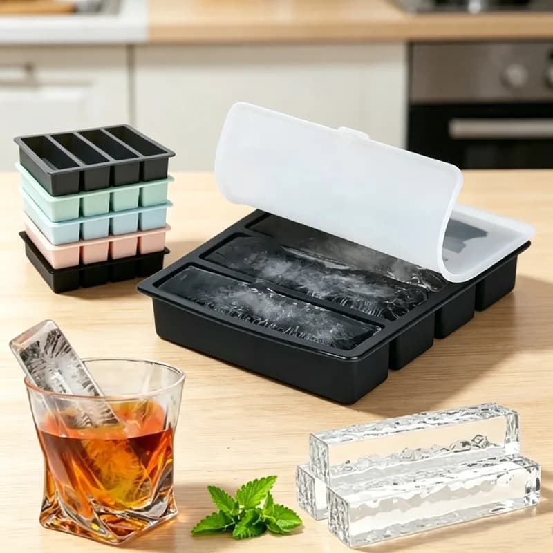 Large Rectangular Ice Cube Mold Set with Lid Stackable Freezer Tray Silicone Freezer Tray for Cocktail Whiskey Drink Cuboid Mold
