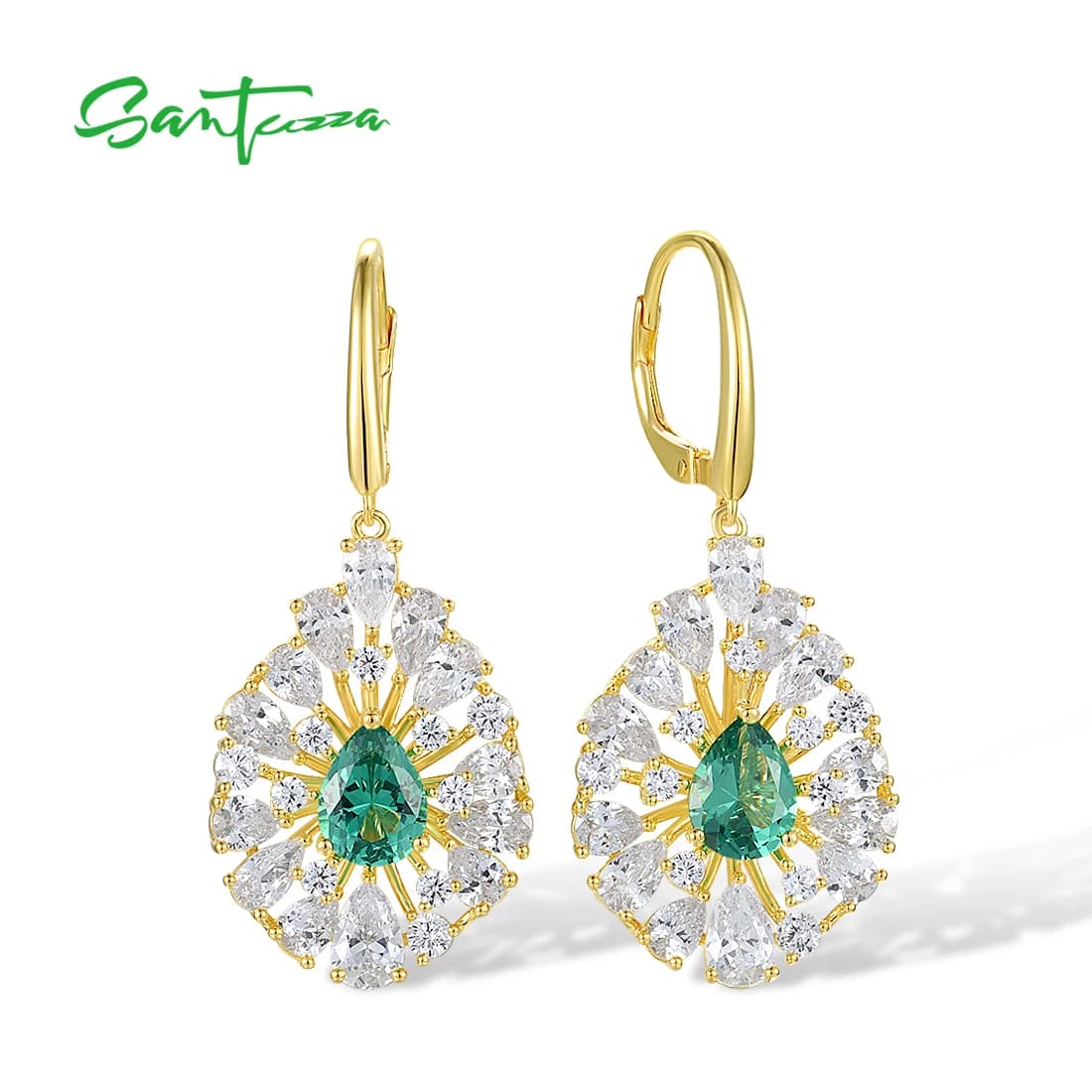 SANTUZZA autentici orecchini pendenti in argento Sterling 925 per le donne White CZ Green Spinel Hoop Cluster Luxry Party Fine Jewelry