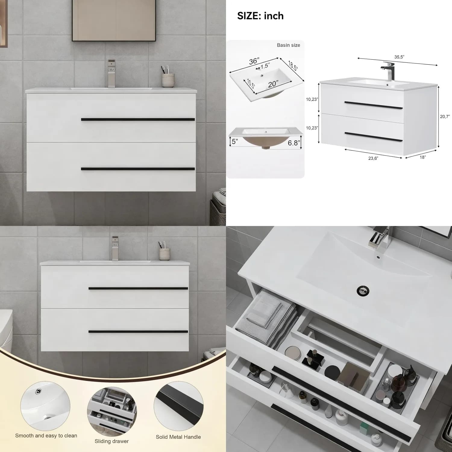 36in Floating Bathroom Vanity w/ Sink Fluted Design Soft Close Drawers Black Handles White, Customized