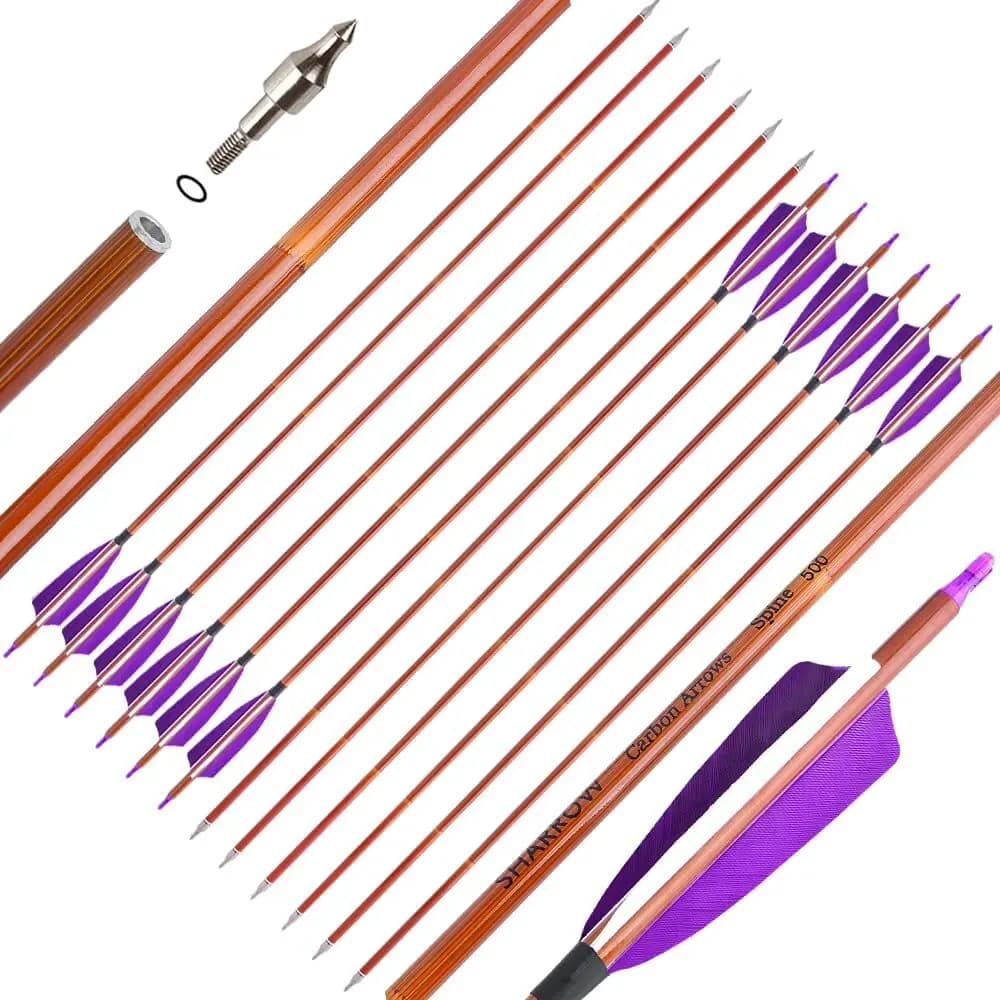 31.5 "Tiro con l'arco Frecce in carbonio Spine 500 ID 6.2mm Freccia 4" Piume Arco da caccia Tiro al bersaglio 100 Grani Punti filettati 6/12 pezzi