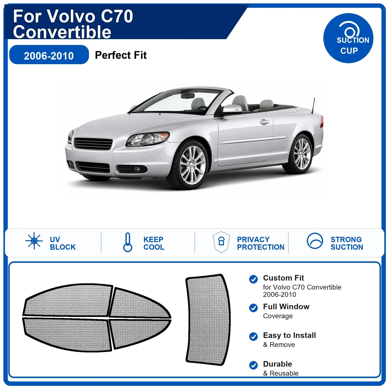 For Volvo C70 Convertible 2006-2010 Custom Full Set Windshield Sun Shade Aluminum Foil Heat Insulation Anti UV Foldable
