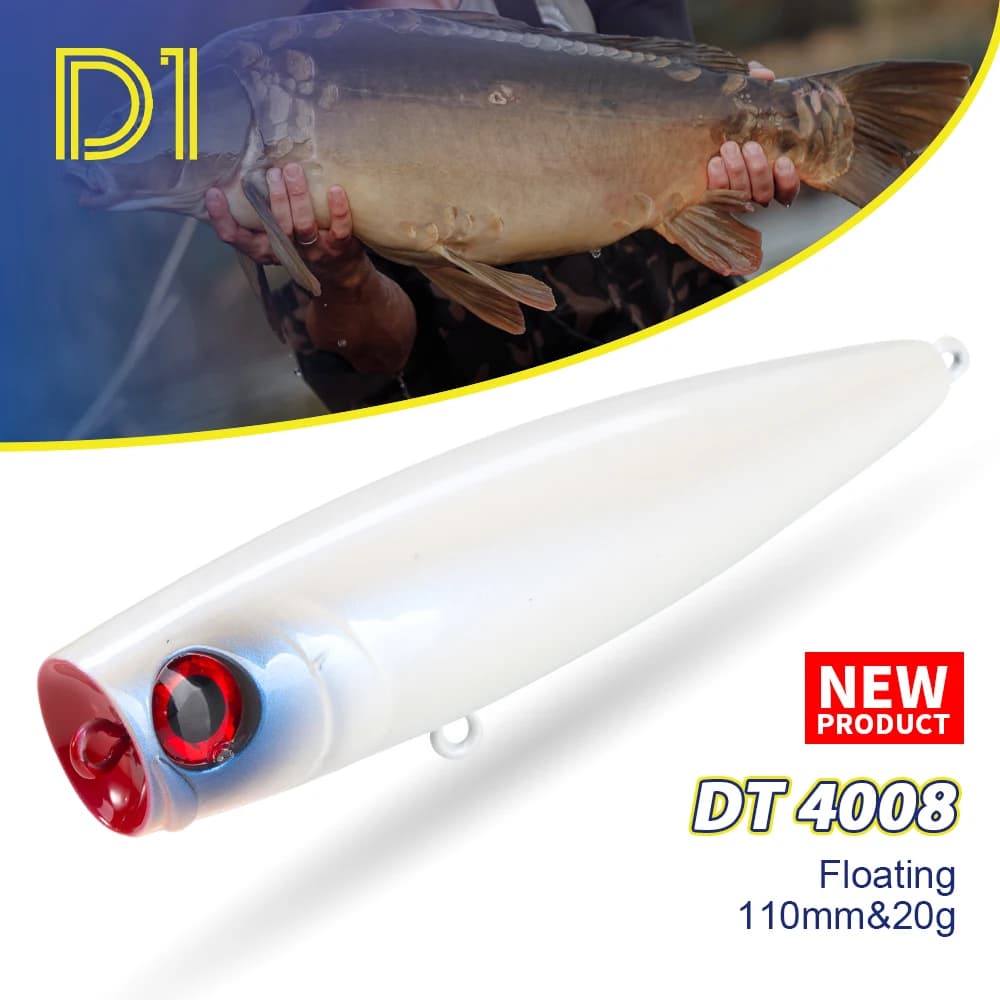 Esca Artificiale D1 Topwater Popper 110mm 20g Galleggiante per Lanci Lunghi, Esche Dure Artificiali per Mare e Acqua Dolce, per Spigola e Luccio DT4008
