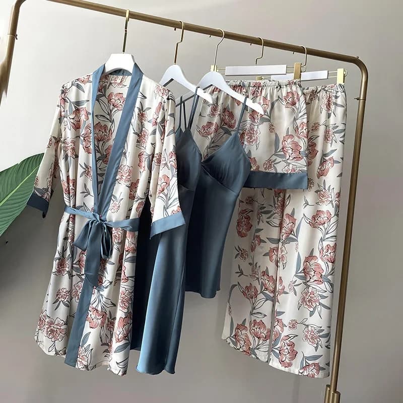 Set pyjamas with print 5 pieces pyjamas in lace Kimono bathrobe night dress spring summer pajamas in silk satin dress women's pyjamas Lingerie