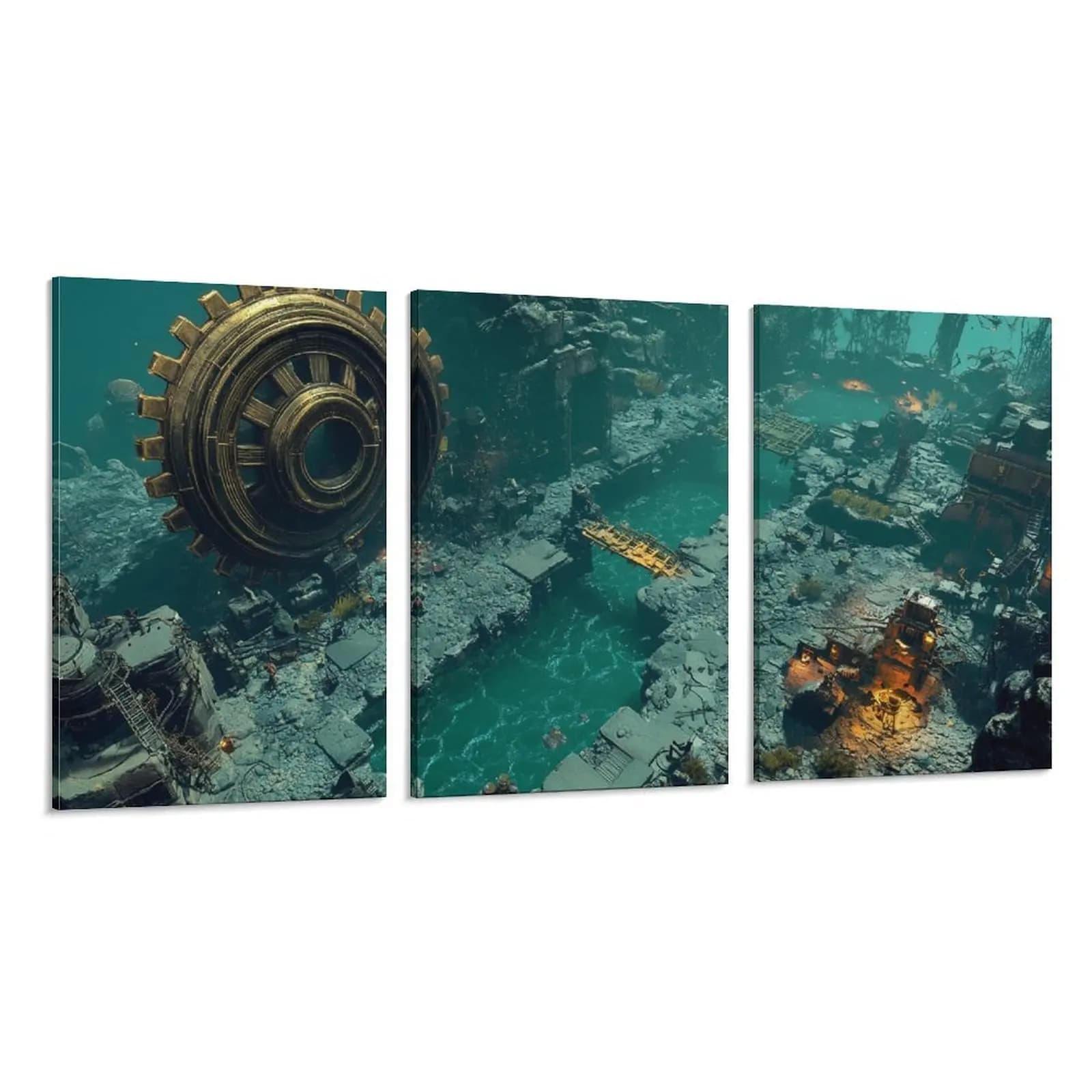Set of 3 Paintings on Framed Framed Frames, Underwater Art with Steampunk Style Giant Ruins and Gears for Living, Esports Room, Art Gallery