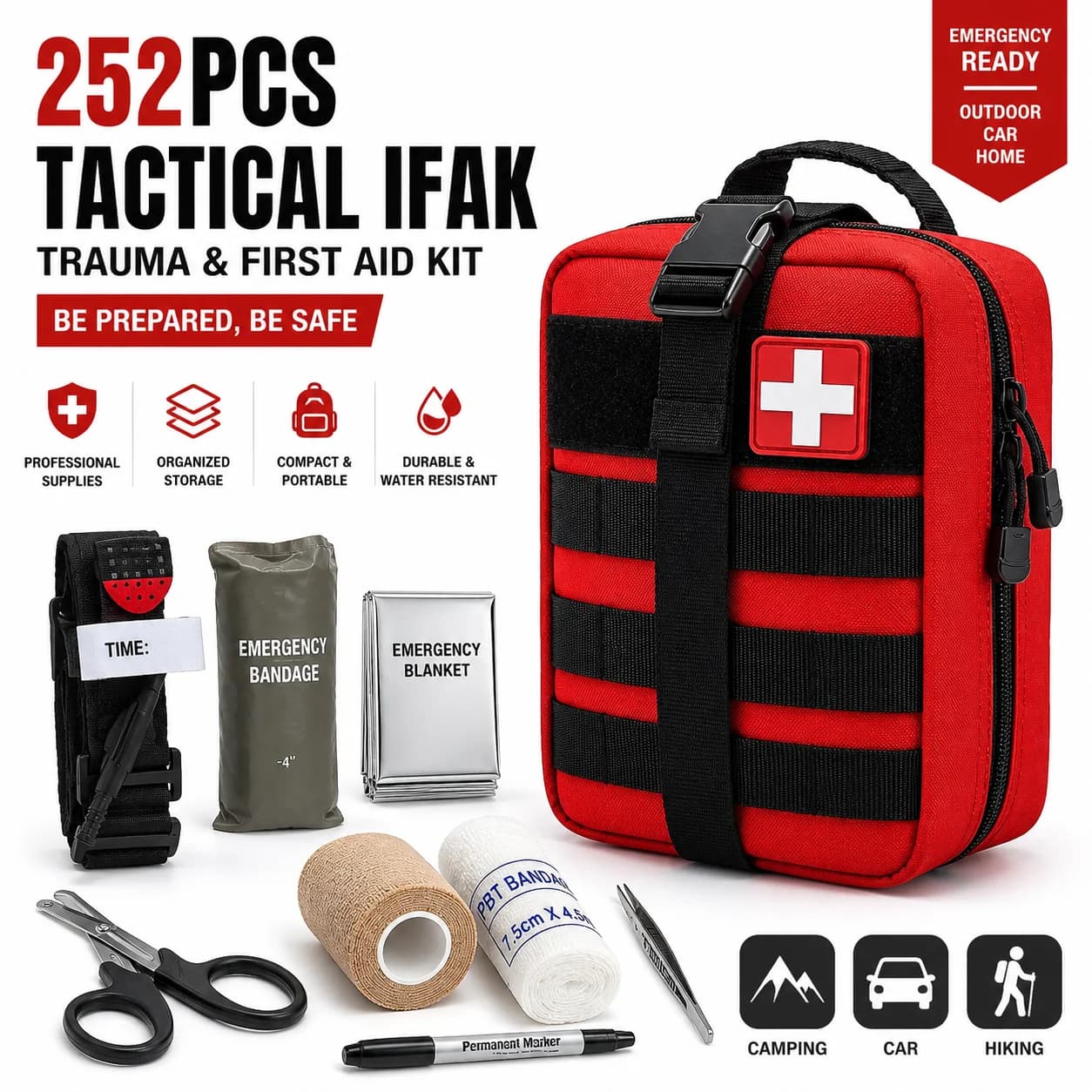 Kit di Pronto Soccorso per Traumi IFAK da 242 Pezzi, Attrezzatura da Campeggio, Kit di Sopravvivenza d'Emergenza, Kit da Escursionismo