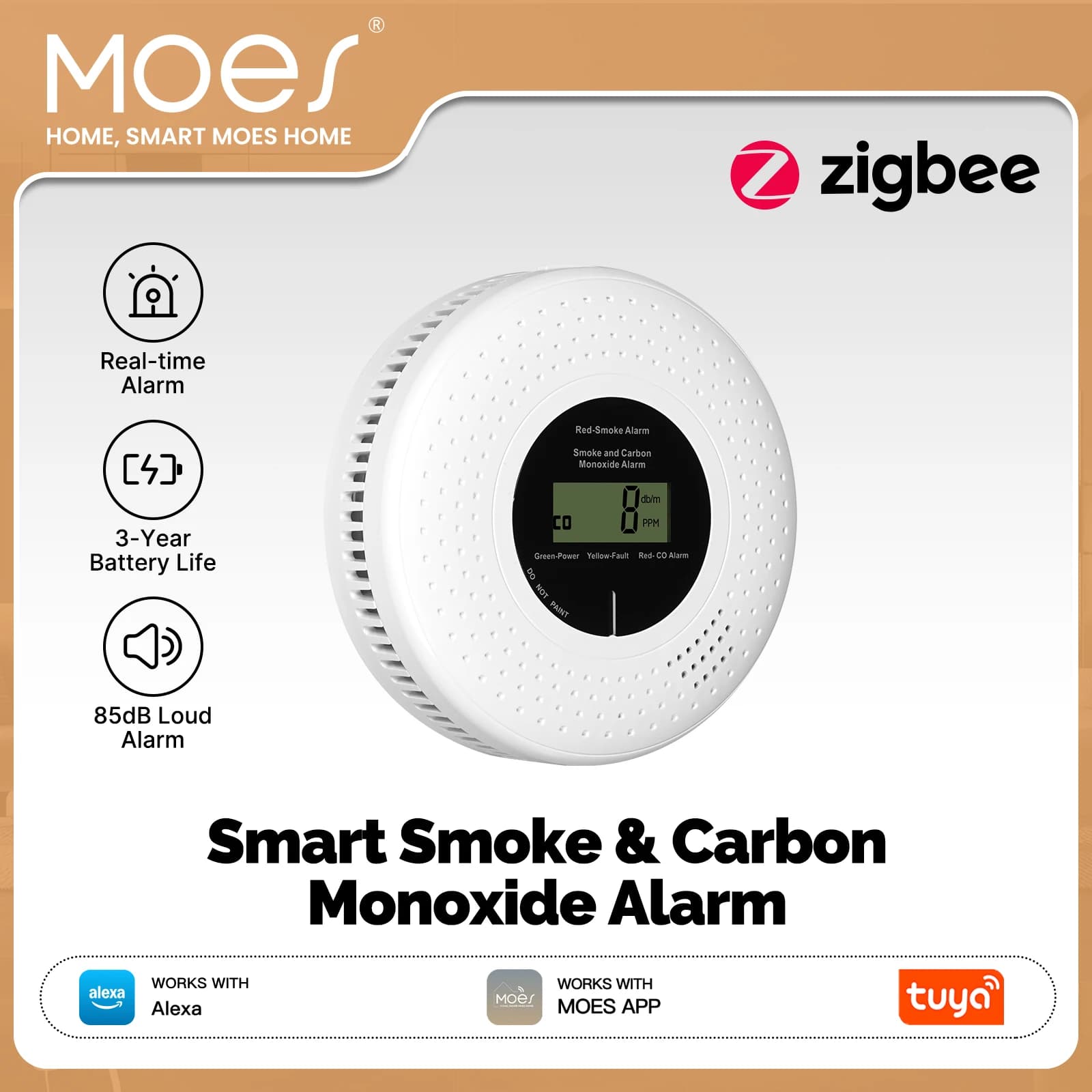 MOES Tuya Zigbee Smart Smoke Carbon Monoxide 85dB Sound Siren Alarm Sensor CO Detector Gas Leak Home Safety APP Remote Monitor