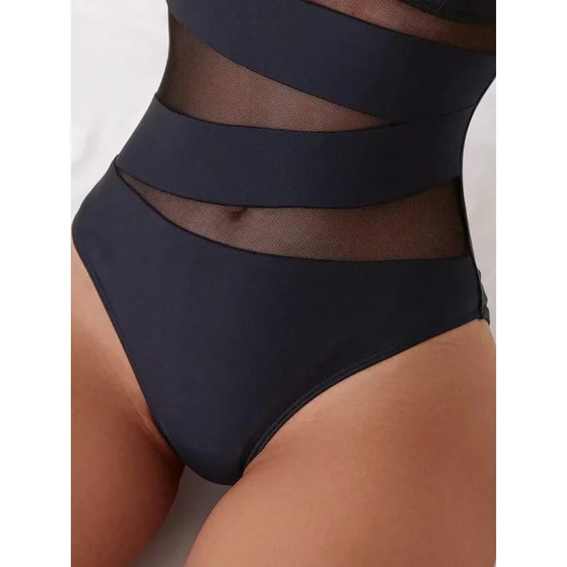 2026 Ruched Halter Swimsuit One Piece Swimwear Women Sexy Bathers Black Mesh Bathing Swimming Swim Suit Female V Neck Beachwear