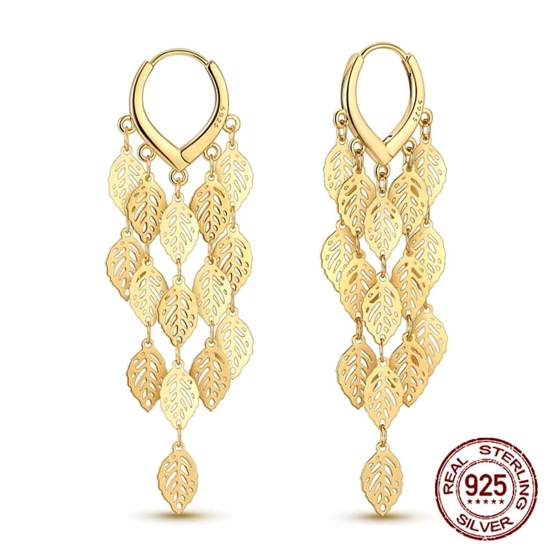 925 Sterling Silver Openwork Leaf Tassel Dangle Huggie Hoop Earrings for Women Filigree Leaf Chandelier Earrings Jewelry Gift