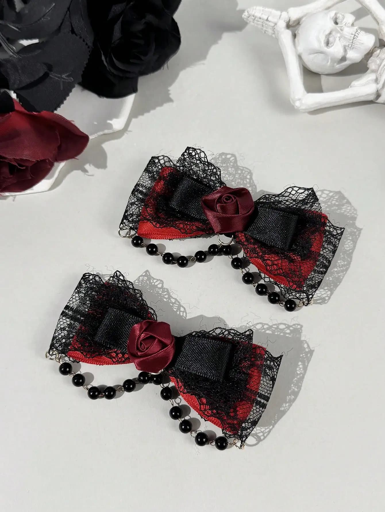 2-piece Gothic style lace ribbon rose accessory bow women's hair clip, suitable for matching outfits and daily wear