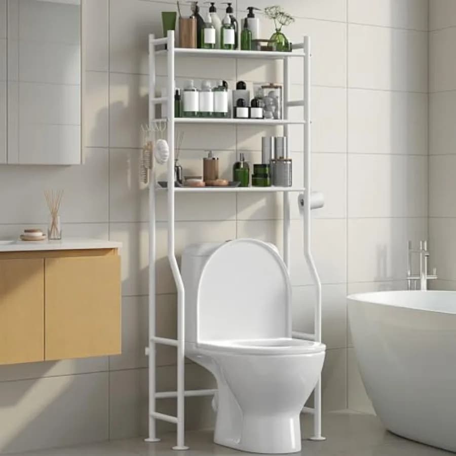 Organizzatore a 3 livelli da posizionare sopra il WC, scaffale salvaspazio per il bagno con porta carta igienica e 4 ganci, 162 cm di altezza, autoportante, in carbonio.