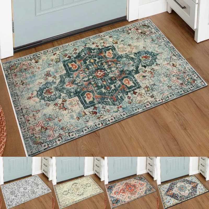 Retro American Persian Flannel Doormat Extra Thick Non-Slip Entrance Rug for Home Decor Living Room Doorway Indoor Outdoor Use