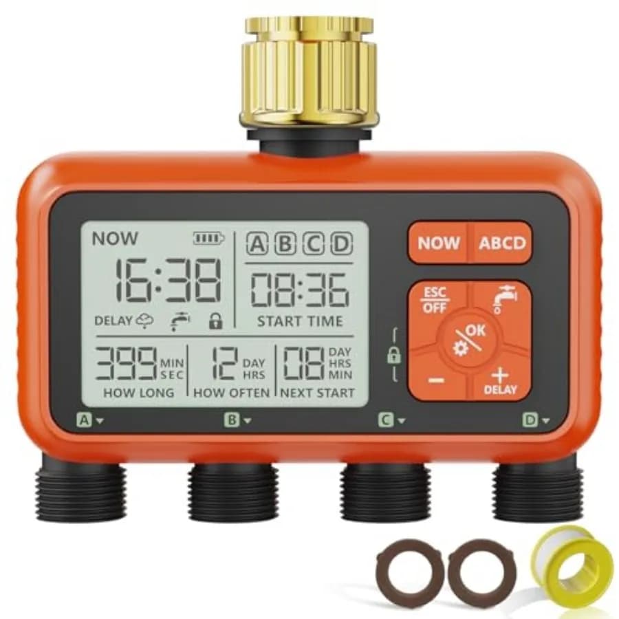 Timer per irrigazione da giardino con ingresso in ottone e 4 uscite - Timer digitale programmabile per irrigazione con sensore pioggia