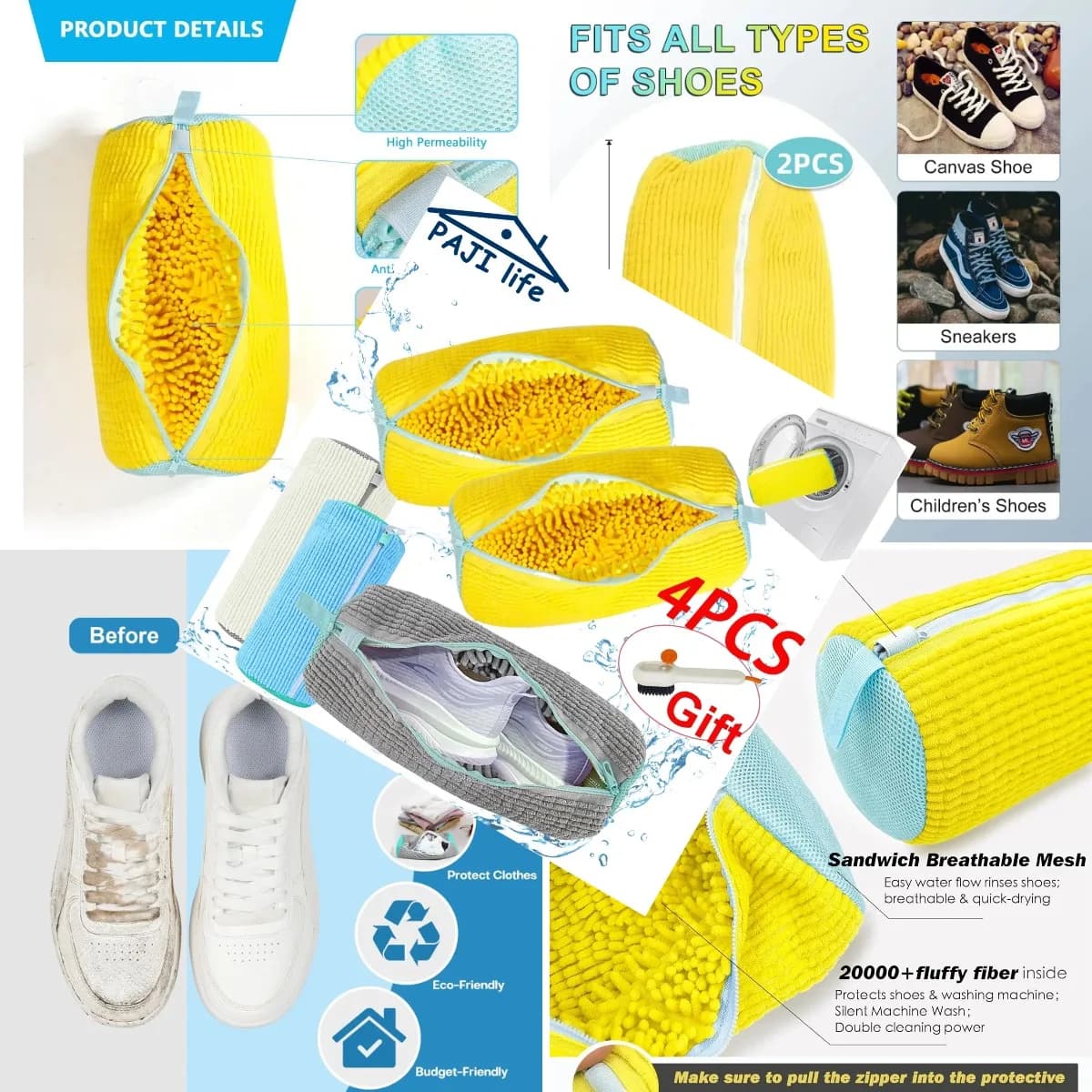 Shoe Washing Bag 39x19cm Durable Reusable Laundry Organizer for Sneakers and Footwear