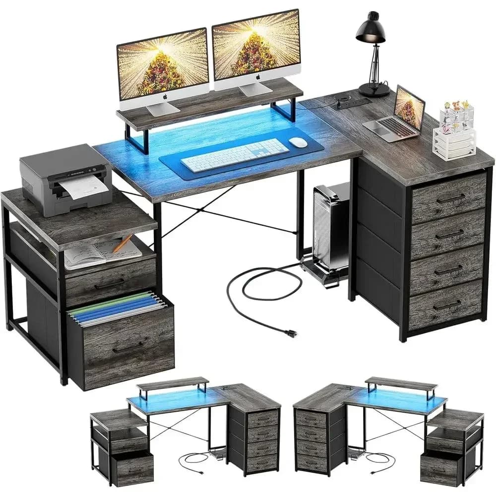 Reversible 70.8 L-Shaped Desk with Fabric Drawers, RGB Lighting, Power Outlets, and Monitor Stand - Ideal for Gaming and Home Of