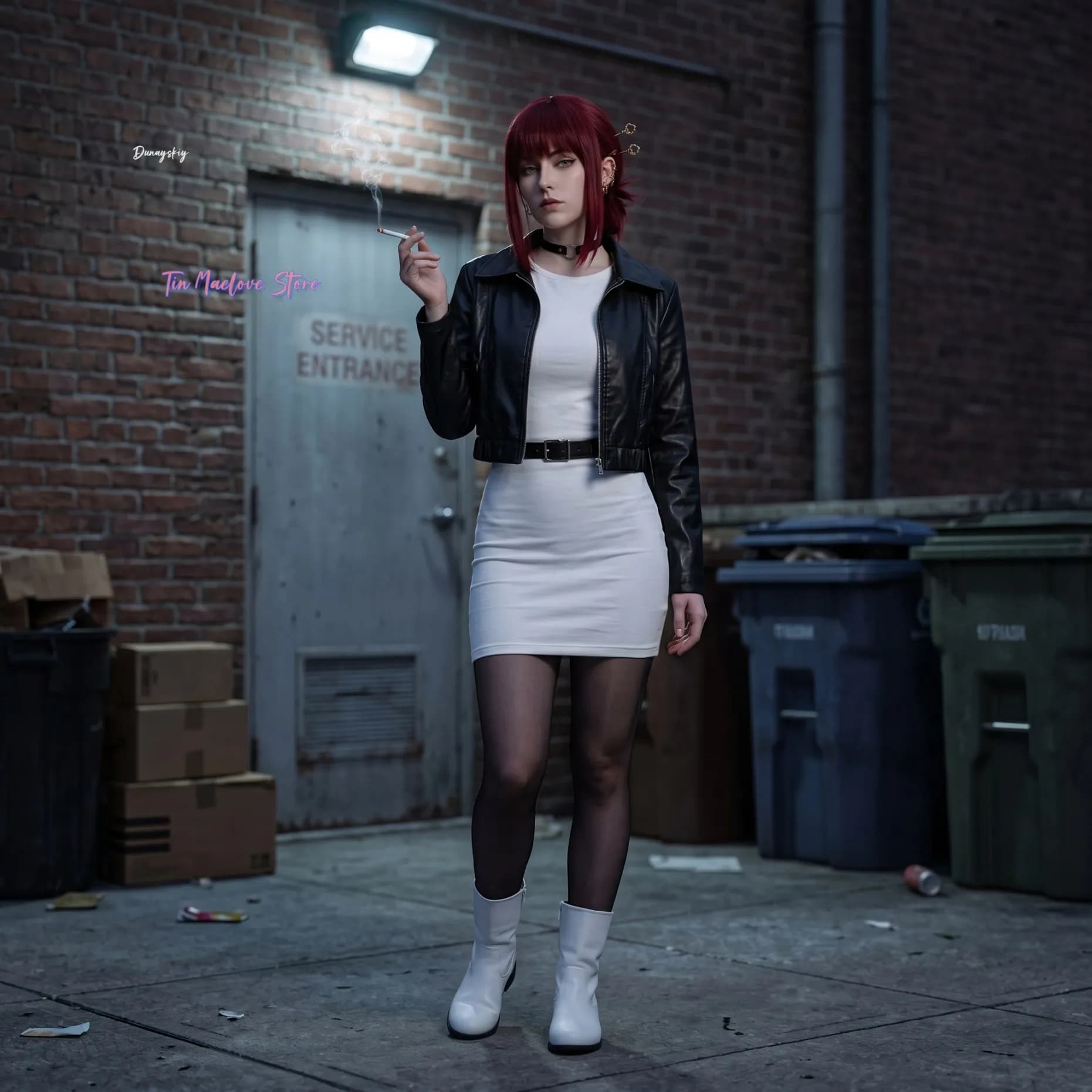 Yamada Tayama Handsome Punk Pu Black Short Coat White Smoking Behind The Supermarket With You Dress Wigs Earring Cosplay Anime