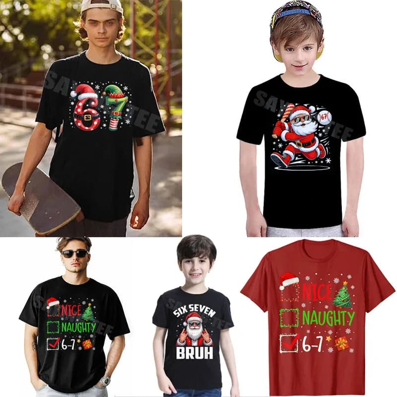 Funny Baseball Santa 67 Christmas Pajamas Boys T-Shirt Rock on Six Seven Bruh Santa Elf Number Xmas Costume Y2k Novelty Gifts
