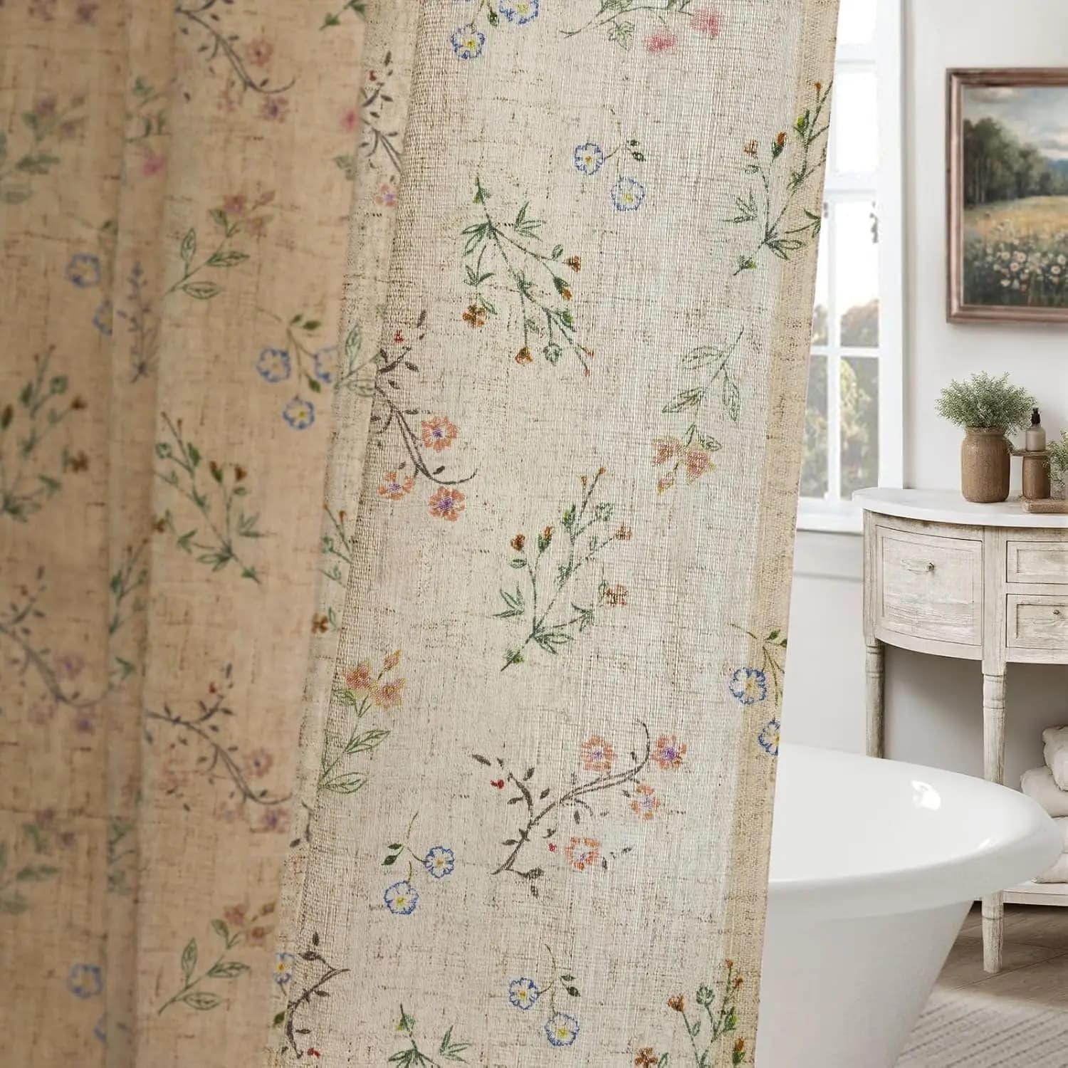Tenda da Doccia in Lino con Motivi Floreali, Design Primaverile Stile Country Francese per Bagno, 72x72 Pollici