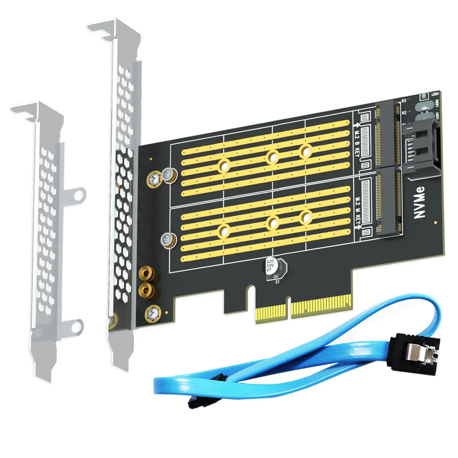 Adattatore PCIe M.2 per uno SSD NVMe M.2 e un SSD SATA M.2