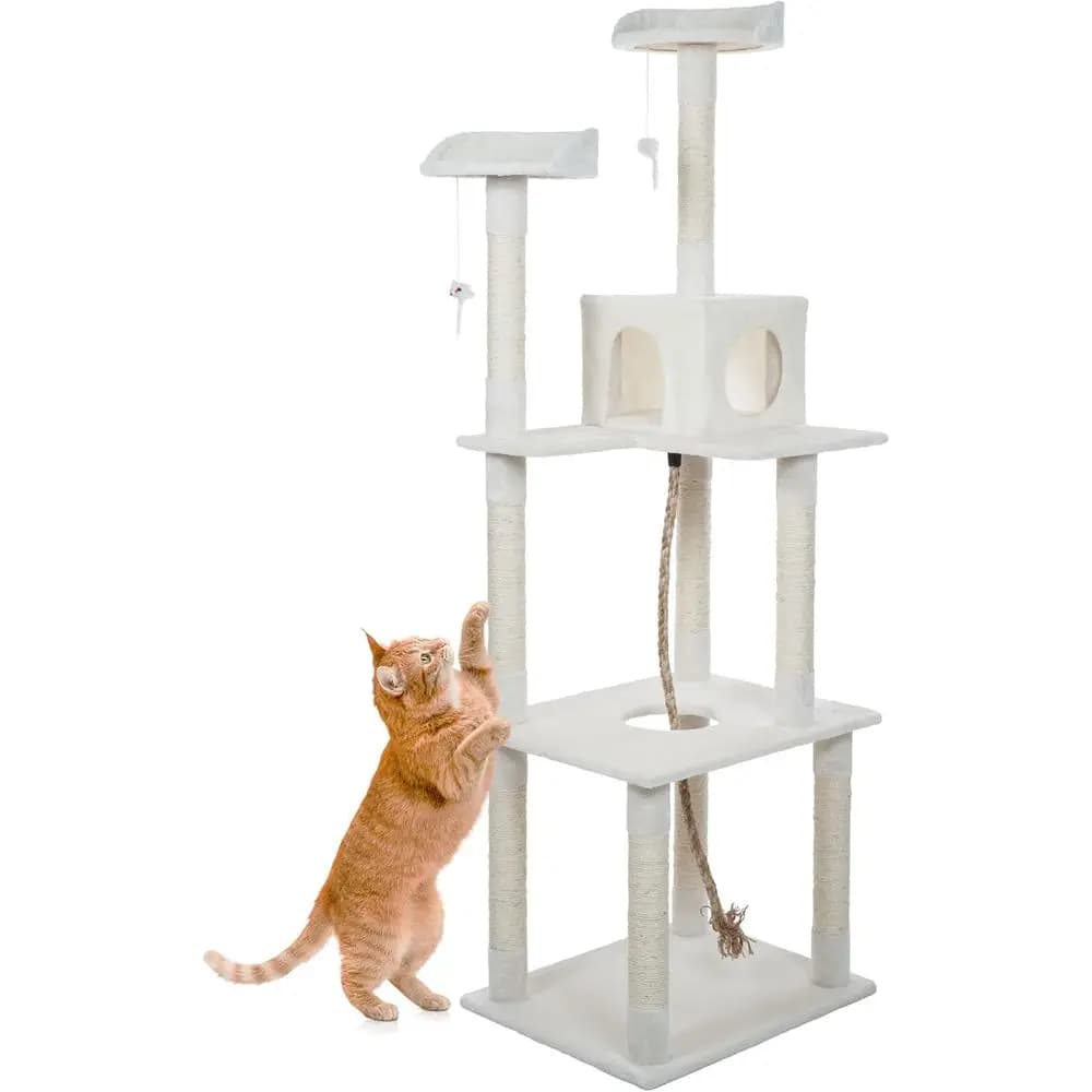 Torre per Gatti Avorio da 1,8 Metri con 9 Tiragraffi, Cuccia Interna per Gatti, Posti Riposo, 2 Giocattoli Sospesi e Corda