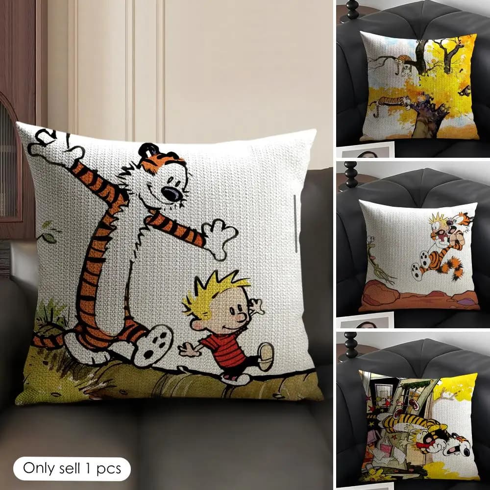 Fodera per cuscino con stampa fronte-retro in lino naturale e tessuto organico, motivo cartone animato C-Calvin Hobbes, decorazione per divano e casa, idea regalo