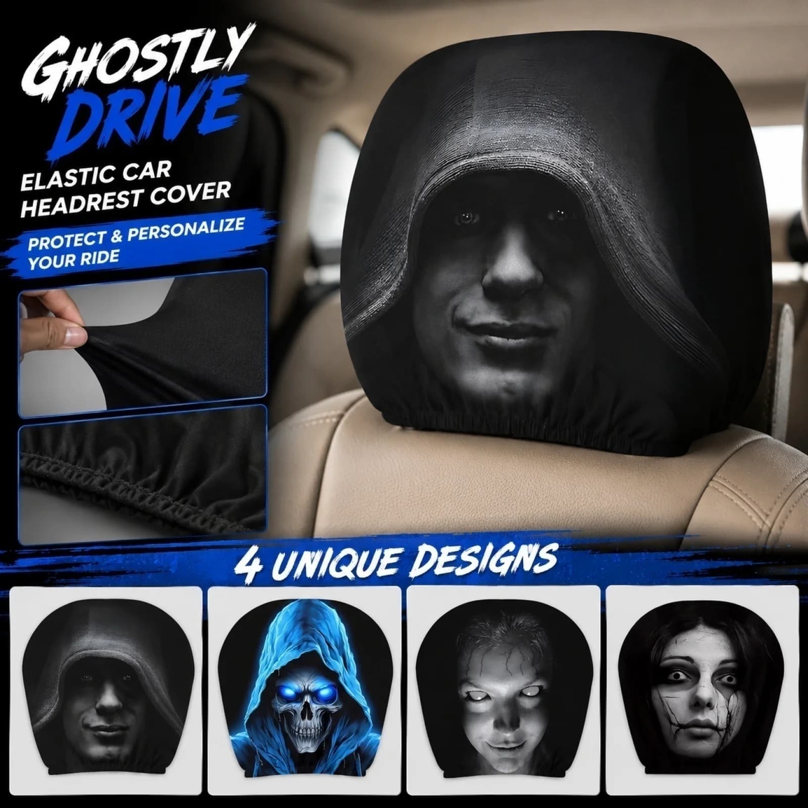 2pcs Halloween Car Print Headrest Cover Seat Headrest Protector Washable Stylish Interior Decor Humorous Decorations
