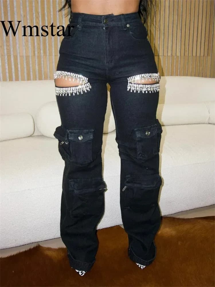 Wmstar 2024 pantaloni da donna personalizzati stile autunnale con pezzi di diamanti nappa jeans a gamba dritta a vita media Dropshipping all'ingrosso