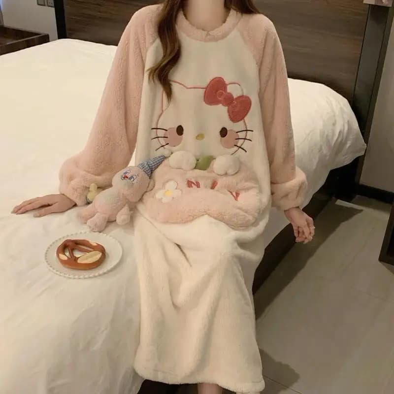 Camicia da Notte Invernale Hello Kitty per Donna, Pigiama Autunno-Inverno in Velluto Corallo Ispessito e Caldo, Abbigliamento da Casa in Flanella con Simpatici Cartoni Animati