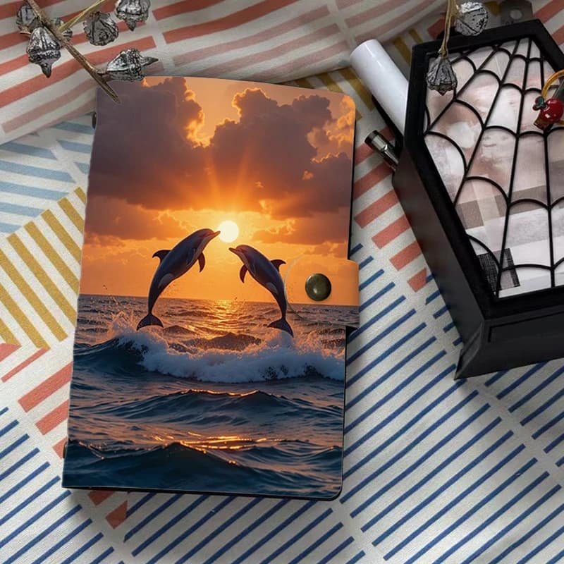 Quaderno con stampa romantica del tramonto e delfini che saltano nell'oceano, formato A6, copertina in morbida pelle, perfetto per la scuola, l'ufficio, i viaggi, l'uso quotidiano