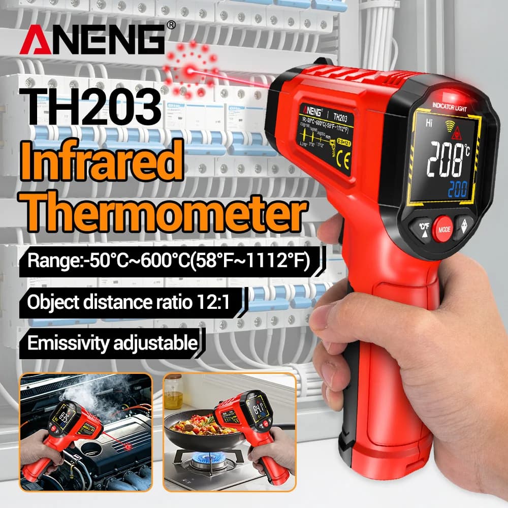 ANENG TH203 Infrared Thermometer Gun -50°C~600°C Non-contact Temperature Object Distance Ratio VA Reverse Pyrometer Tester Tools