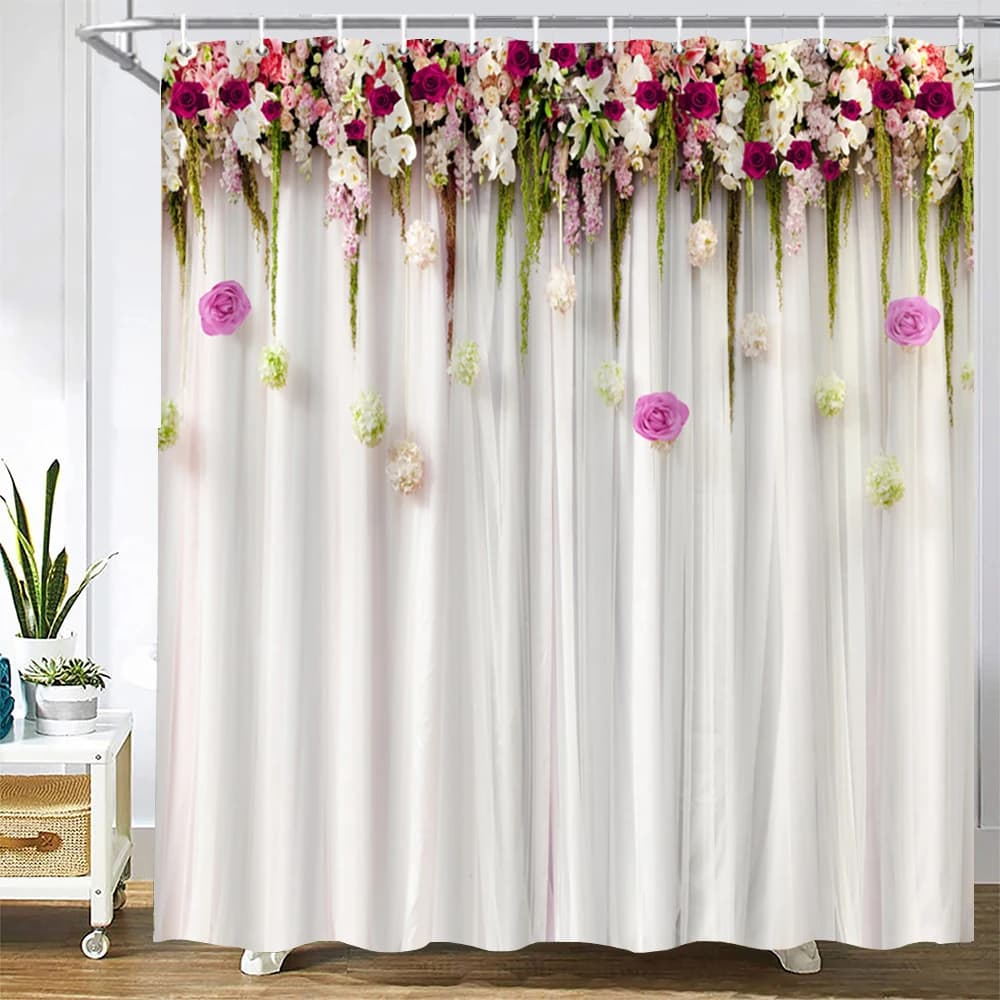 Tende da doccia per la casa per il bagno Tessuto impermeabile Stile nordico Fiore artificiale Modello a parete Tende da bagno Tenda da doccia
