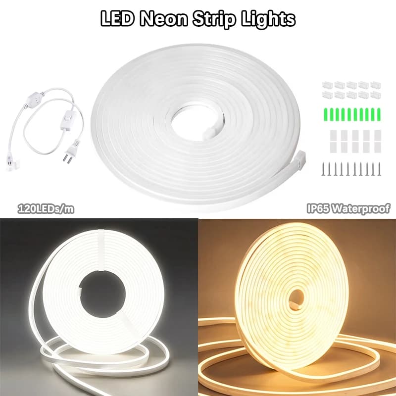 Luci al Neon a LED ad Alta Tensione 110V, Bianco Caldo/Bianco Freddo, Collegamento Diretto, Impermeabili IP65, Flessibili in Silicone, Tagliabili, Collegabili, Striscia Neon con Clip di Montaggio per Insegne di Bar, Negozi, Sale Giochi, Camere da Letto, Decorazioni per Matrimoni e Feste