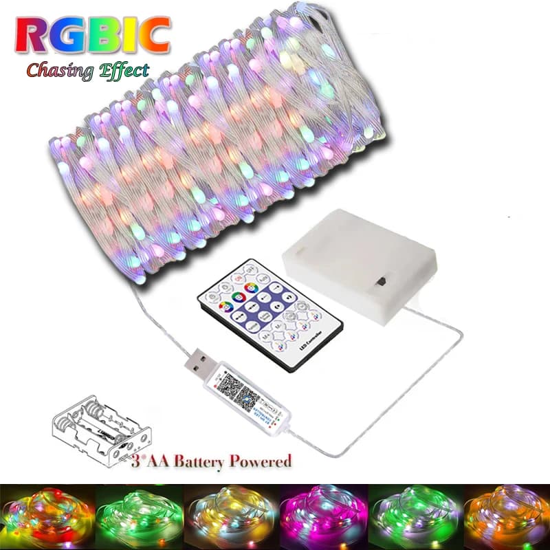 WS2812B Fairy Light String 3AA batteria con presa USB 5V Chasing Color Smart Fairy String Lights per la festa in giardino della camera da letto