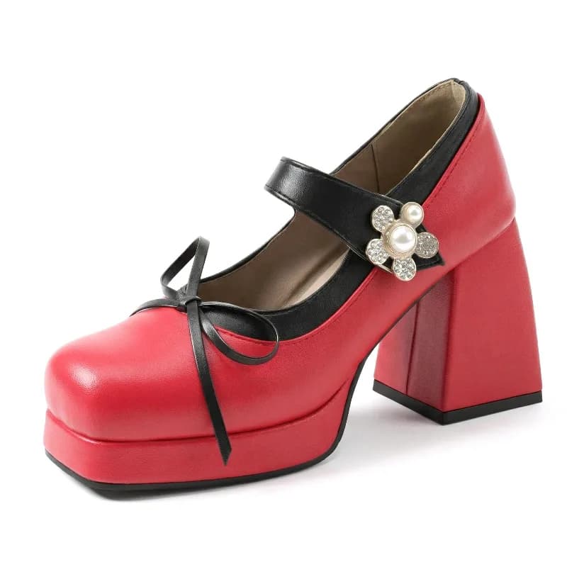Scarpe Mary Jane da Donna alla Moda con Punta Quadrata, Suola Spessa e Tacco Alto, Stile Dolce con Fiocco e Decorazione Floreale