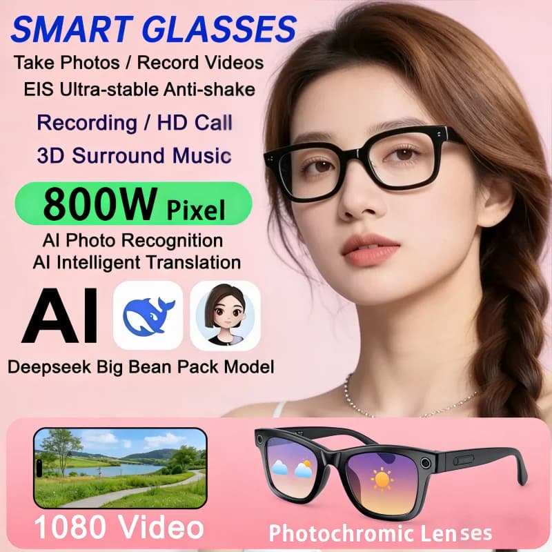 Nuovi Occhiali Smart 2026 con Fotocamera HD da 800W Pixel, 32GB, per Donne e Uomini: Scatta Foto, Riprende Video, Traduzione AI, Registrazione, Impermeabili
