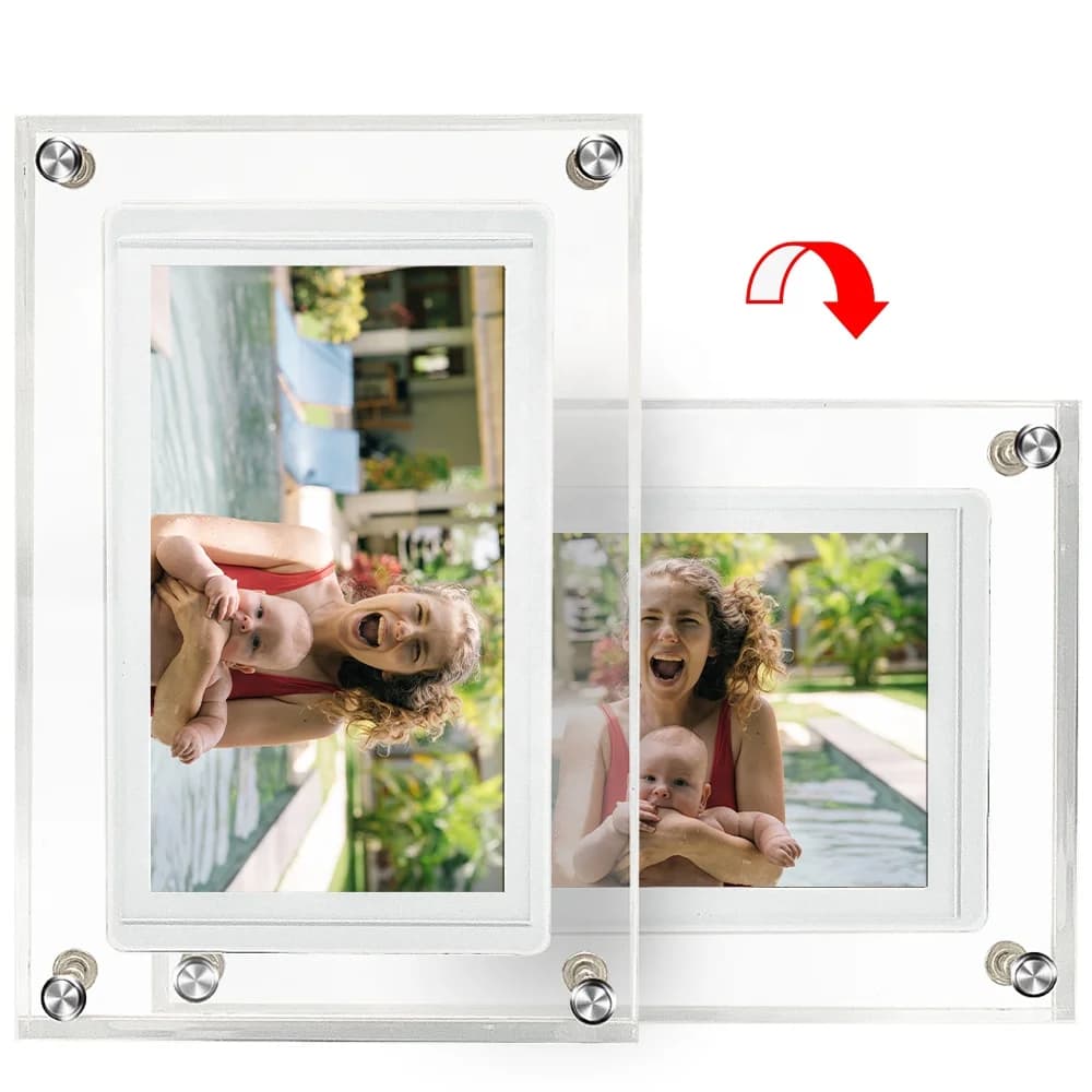 Cornice digitale WiFi Display HD touch screen IPS da 5 pollici, archiviazione da 32 GB, rotazione automatica, condividi foto e video tramite l'app Frameo,
