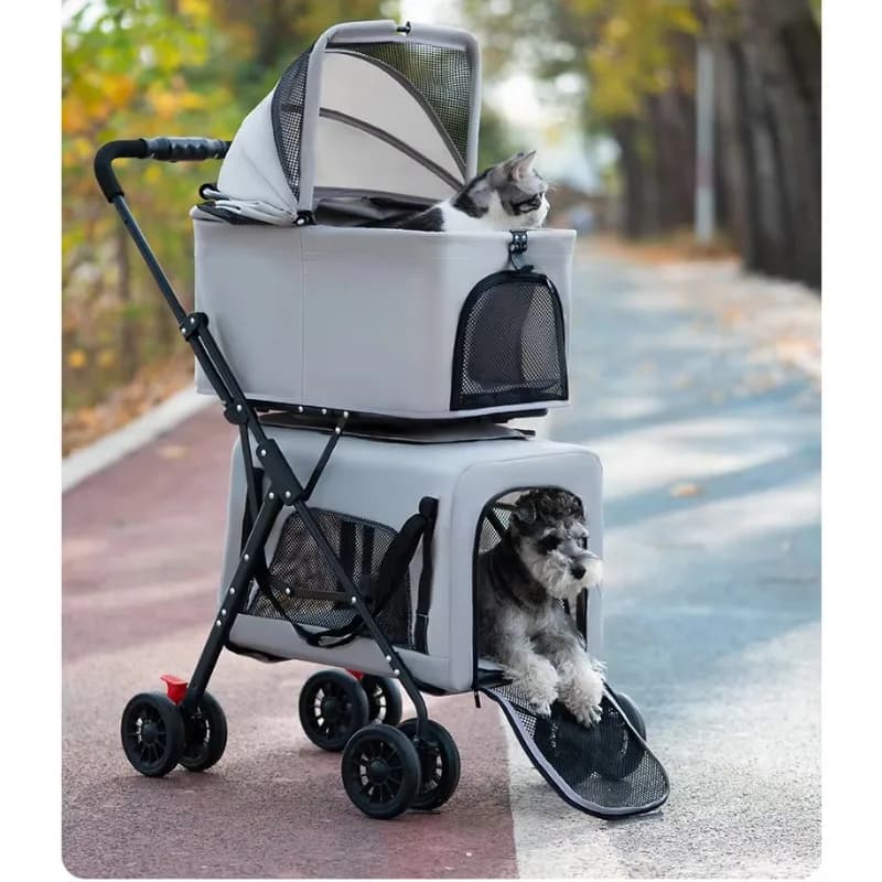 Luxury 4-Wheel Portable Pet Transport Stroller Foldable Dog Carrier Double Layers Detachable Metal Large Capacity Compatible