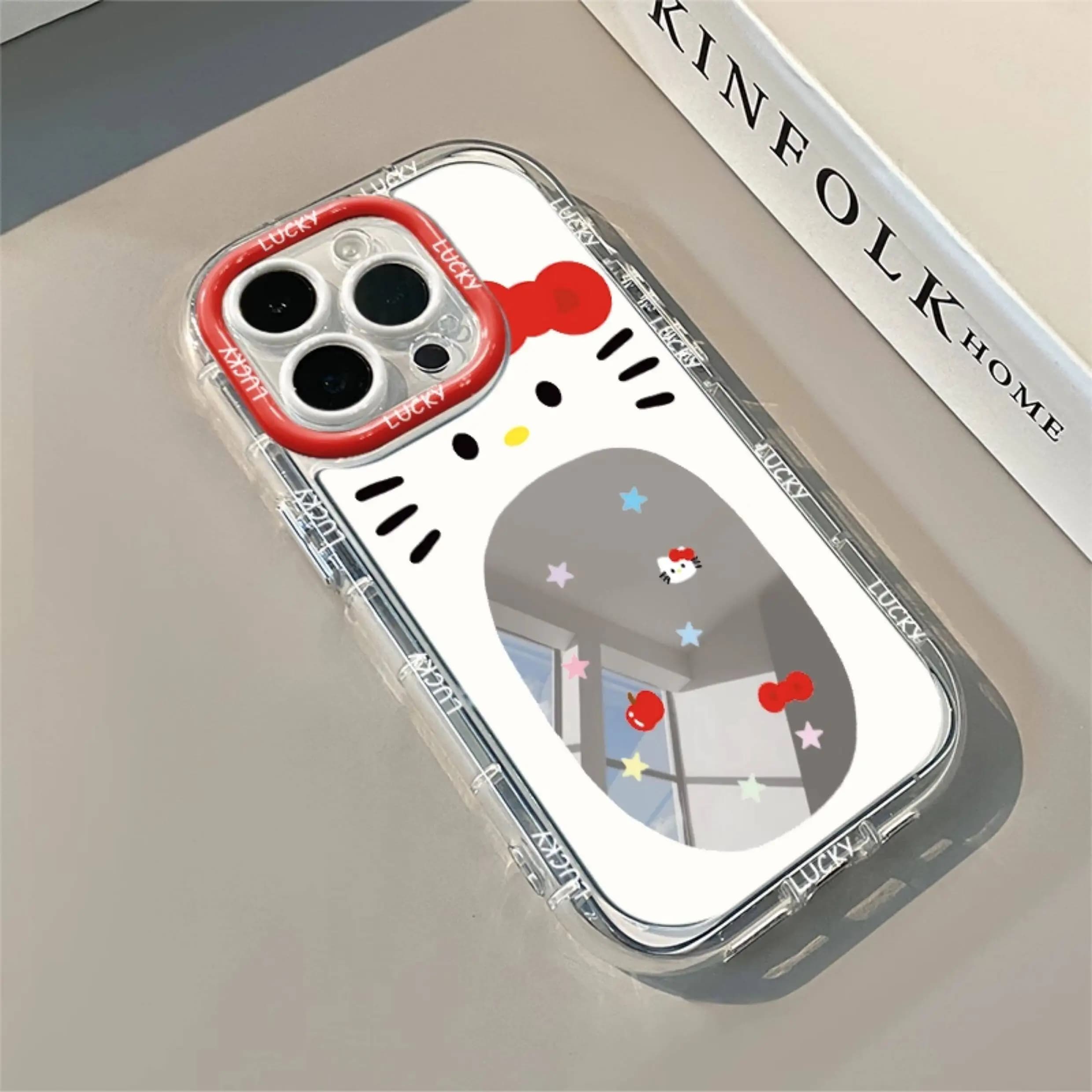 Custodia per telefono INS Red Kitty Bow Cute Mirror per iPhone 11 13 12 14 15 16 17 Pro Max XS XR 7 8 Plus 16E, Cover rigida antiurto adorabile