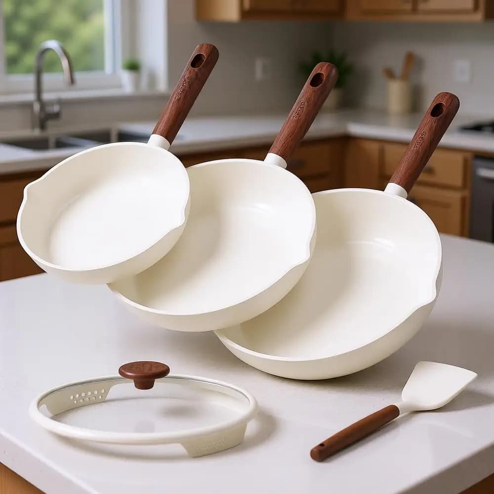 Set of 5 Non-Toxic and POA Non-Toxic, Induction Compatible, 8+9.5+11 Pollycs with Colored Covers and Spatula