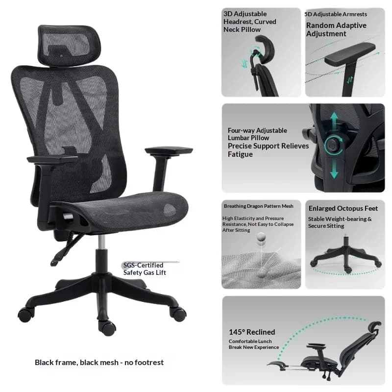Sedia da Ufficio Ergonomica in Rete con Schienale Alto, Supporto Lombare Regolabile, Poggiatesta e Braccioli, Girevole con Rotelle, per Computer e Gaming
