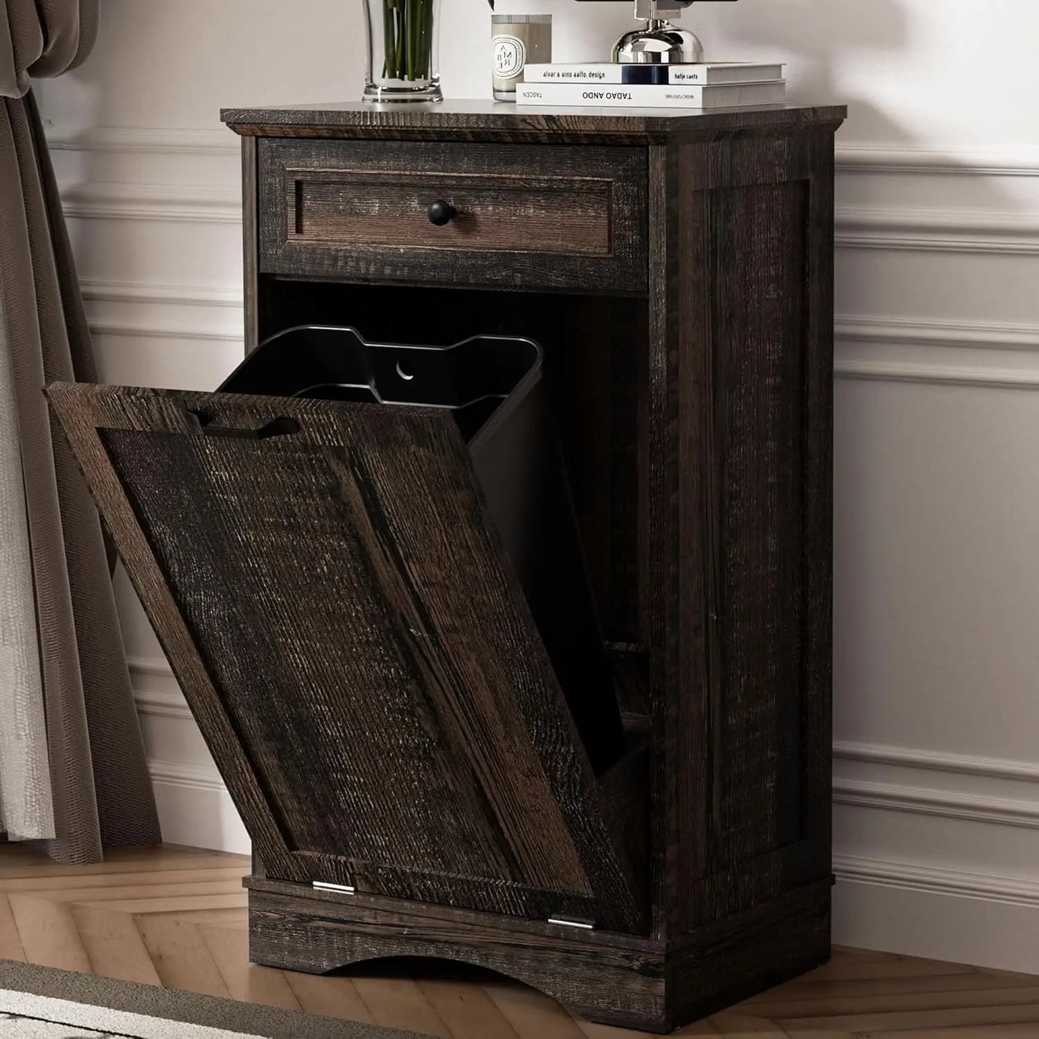 13 Gallon Tilt Out Trash Can Cabinet Wooden Waste Bin Recycling Cabinet With Storage Drawer Freestanding Hidden Pet Proof Garbage Organizer Box Furniture For Kitchen Living Room Rustic Brown