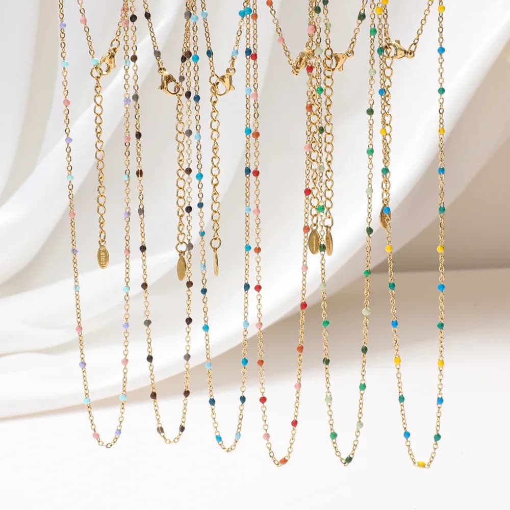 ZMZY Hot Pink Stainless Steel Link Cable Chain Fashion Gold Color Satellite Enamel Beads Necklace for Women Chic Summer Gift