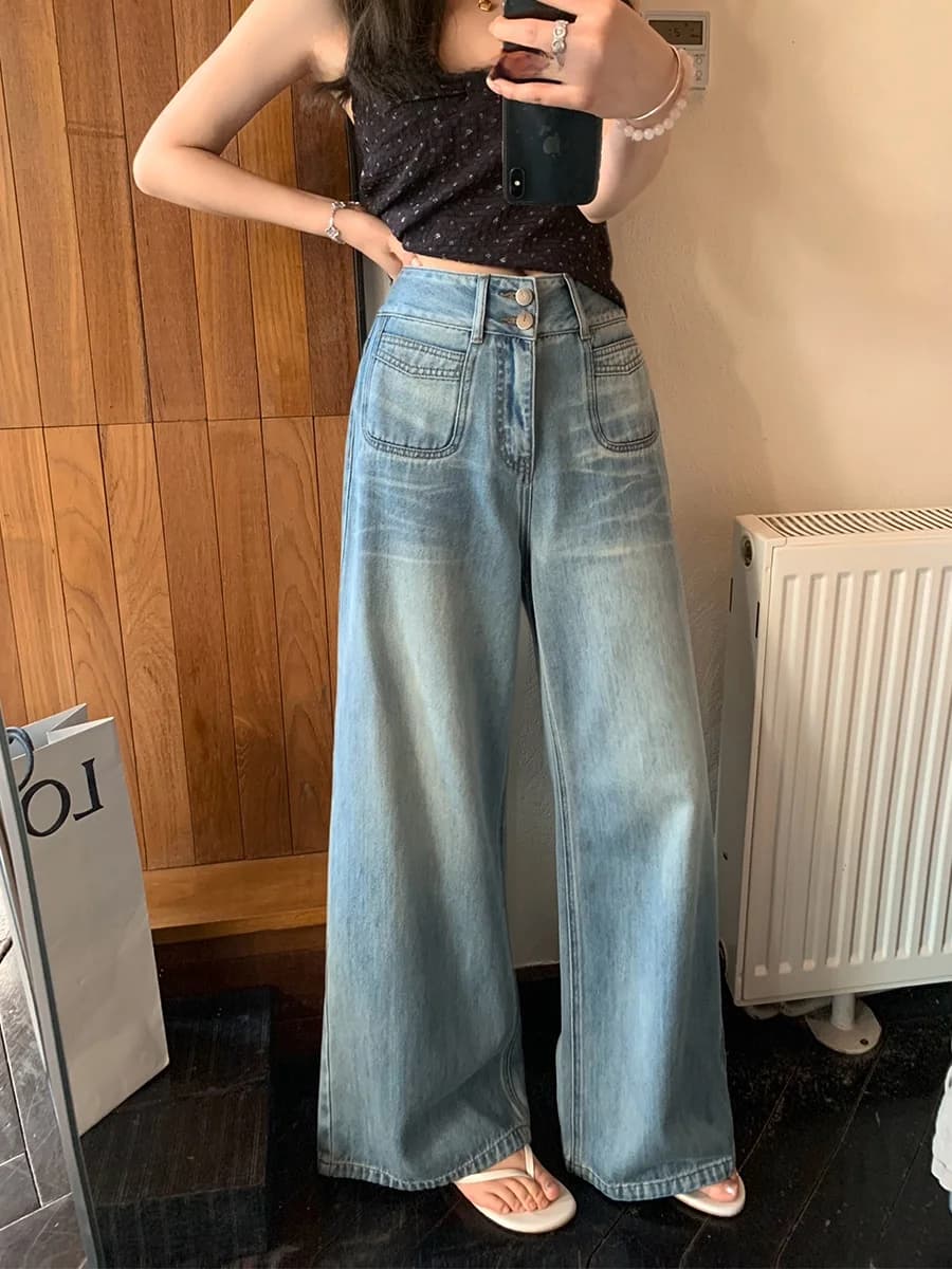 Jeans MUKOK a gamba larga in denim lavato azzurro da donna, casual, drappeggiati, snellenti, nuovo stile primavera estate, vita alta con dettagli tasche