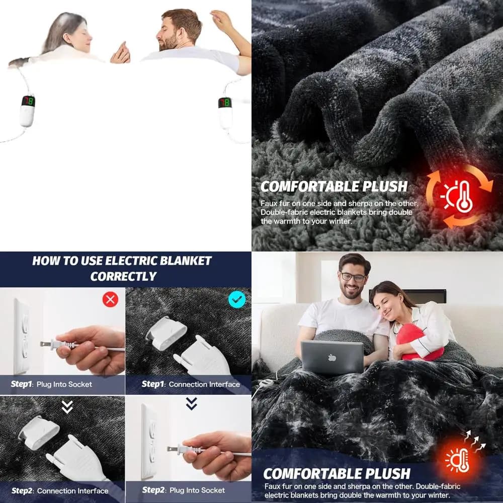Coperta riscaldata elettrica Queen Size con pelliccia sintetica, 5 timer e 10 livelli di calore, 84x90 nera