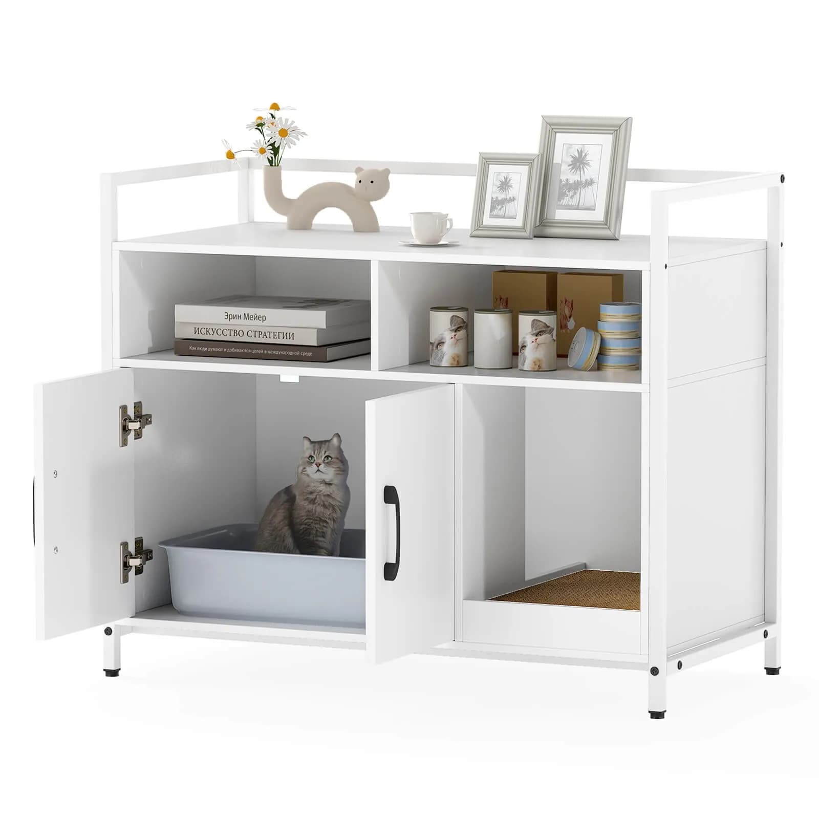 Cat litter container with storage compartments and removable scratch table