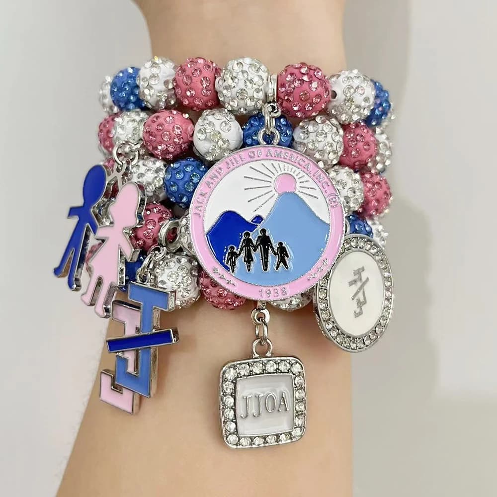 Bracciale da donna bellissimo organizzato Jack Jill da 12 mm azzurro rosa chiaro con perline bianche College Alumni Party