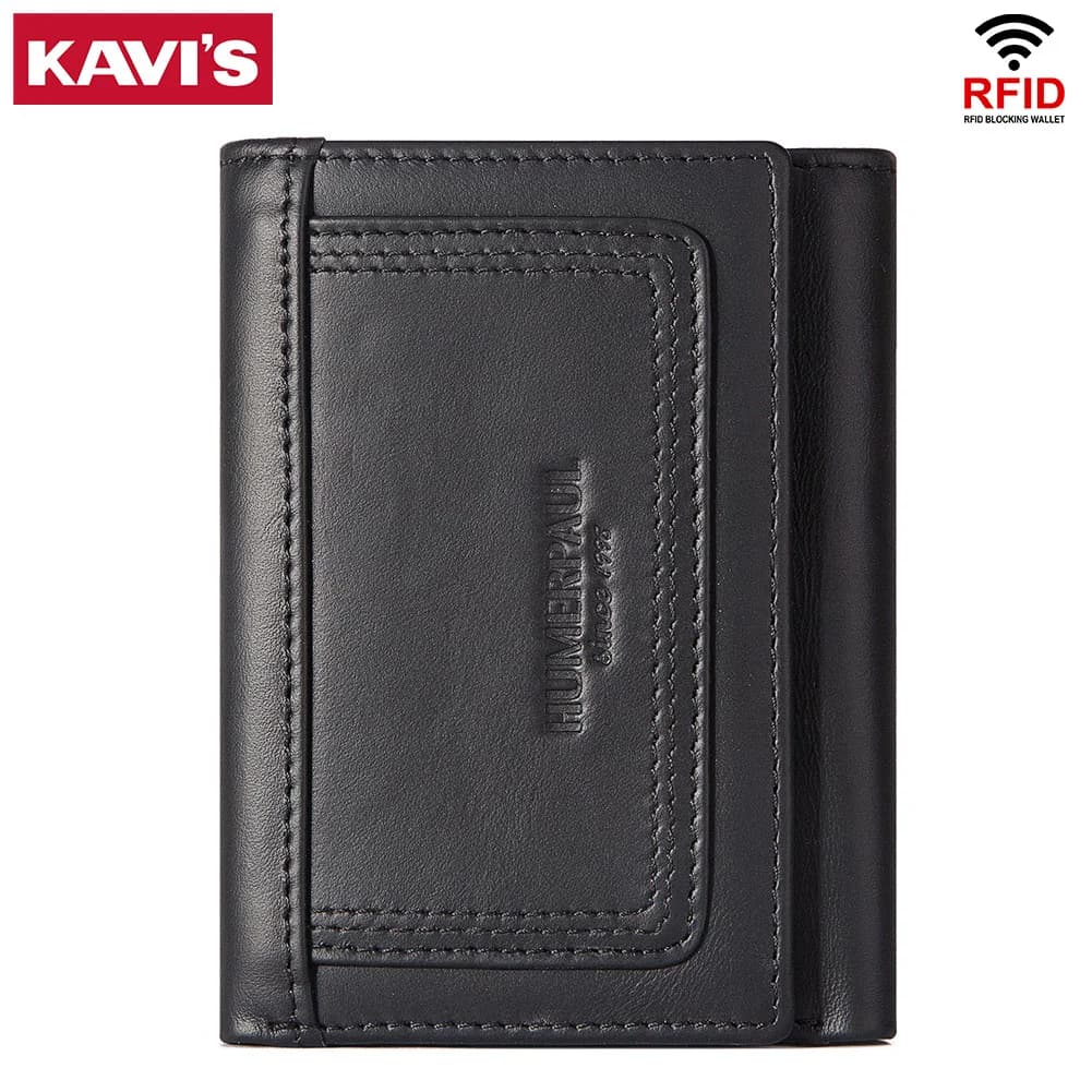 KAVIS Men's three-fold wallet, solid color, large-capacity, multi-function RFID zipper bag, multi-card slot card holder