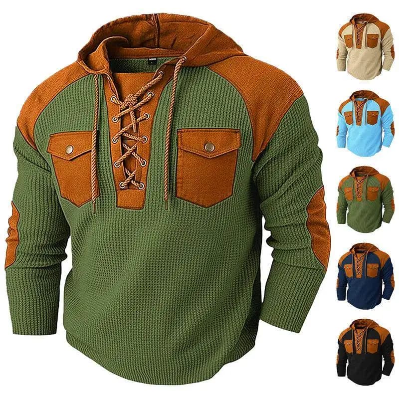 Men's Casual Hoodie Sweatshirt with Rope Pockets Fall Winter New Style Cross-Border Men's Fashion Print Crew Neck Sweatshirt