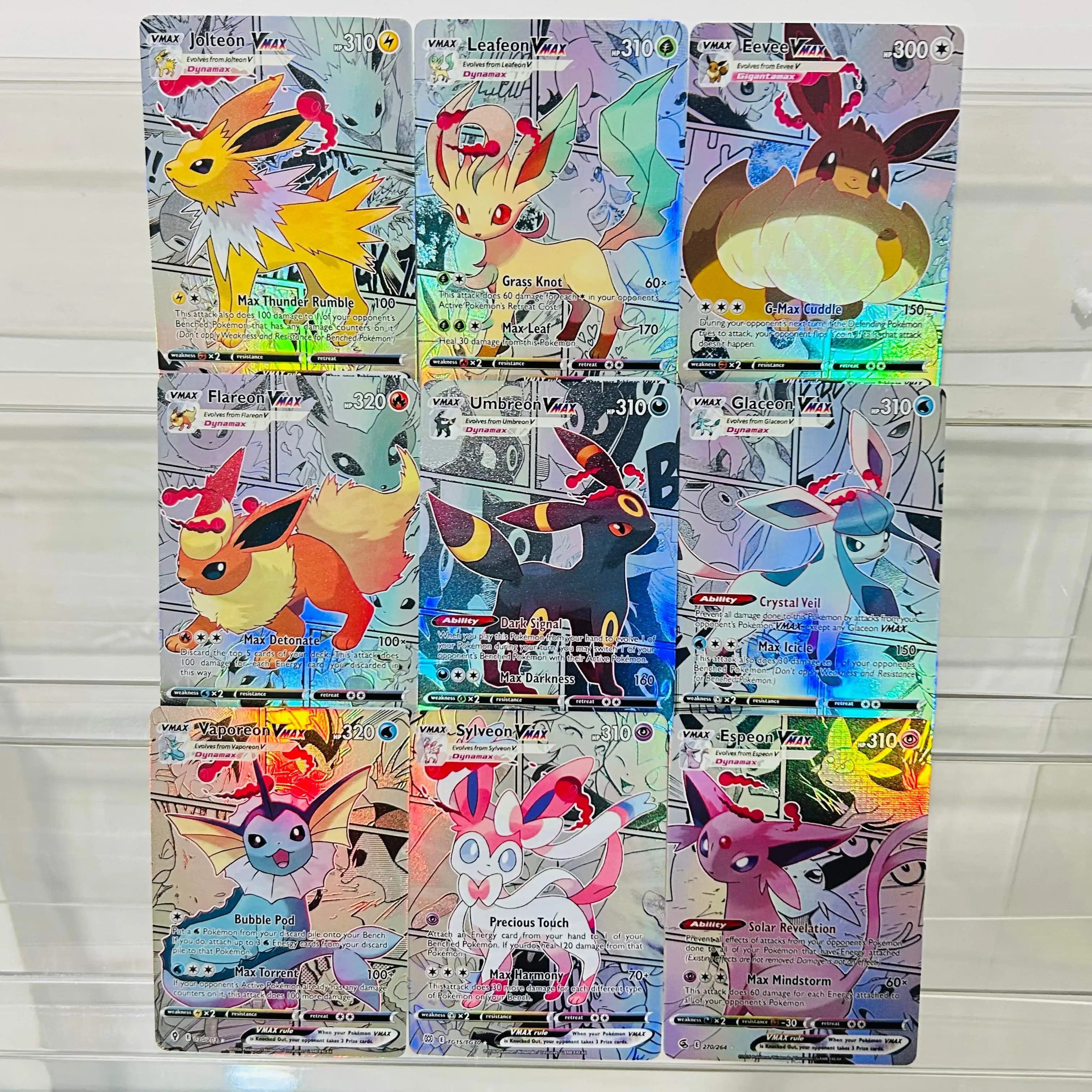 Pokemon 9pcs Eevee Evolutions Comic Series Vmax DIY Holographic Texture Cards, Perfect Condition Premium Anime Collection Card