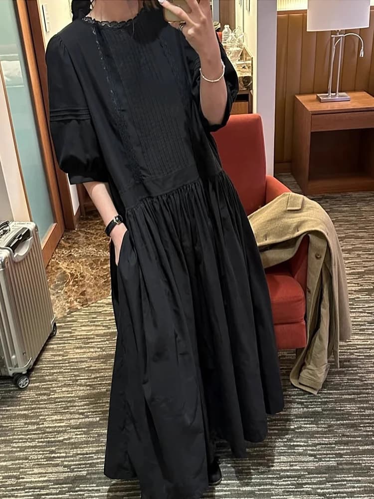 Liangliang Heavy Industry Pleated Bubble Sleeve Dress Women's Summer New Design Sense Small Audience Splicing Lace Long Dress